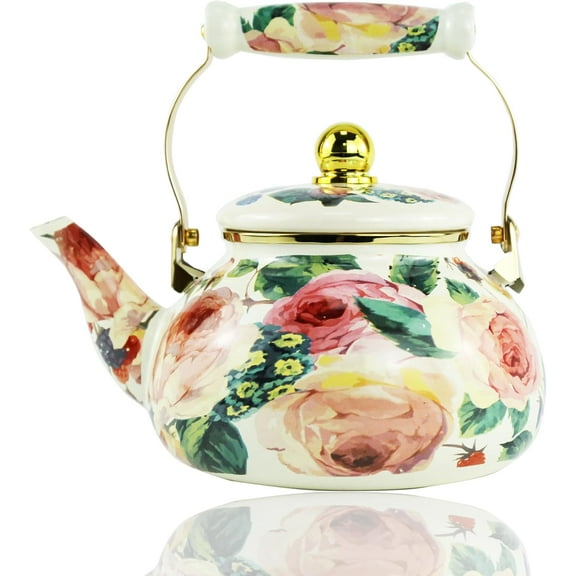 CZQ Floral Enamel Tea Kettle Vintage Gold Beige Teapot Beige Floral Boho Hot Water Coffee Kettle Pot 2.5L Porcelain Tea Pot with Ceramic Handle for Stovetop Kitchen Home Decor