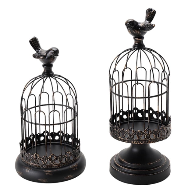Portavelas de hierro para velas votivas, portavelas para velas de té con forma de jaula minimalista para pájaros 2 piezas negro