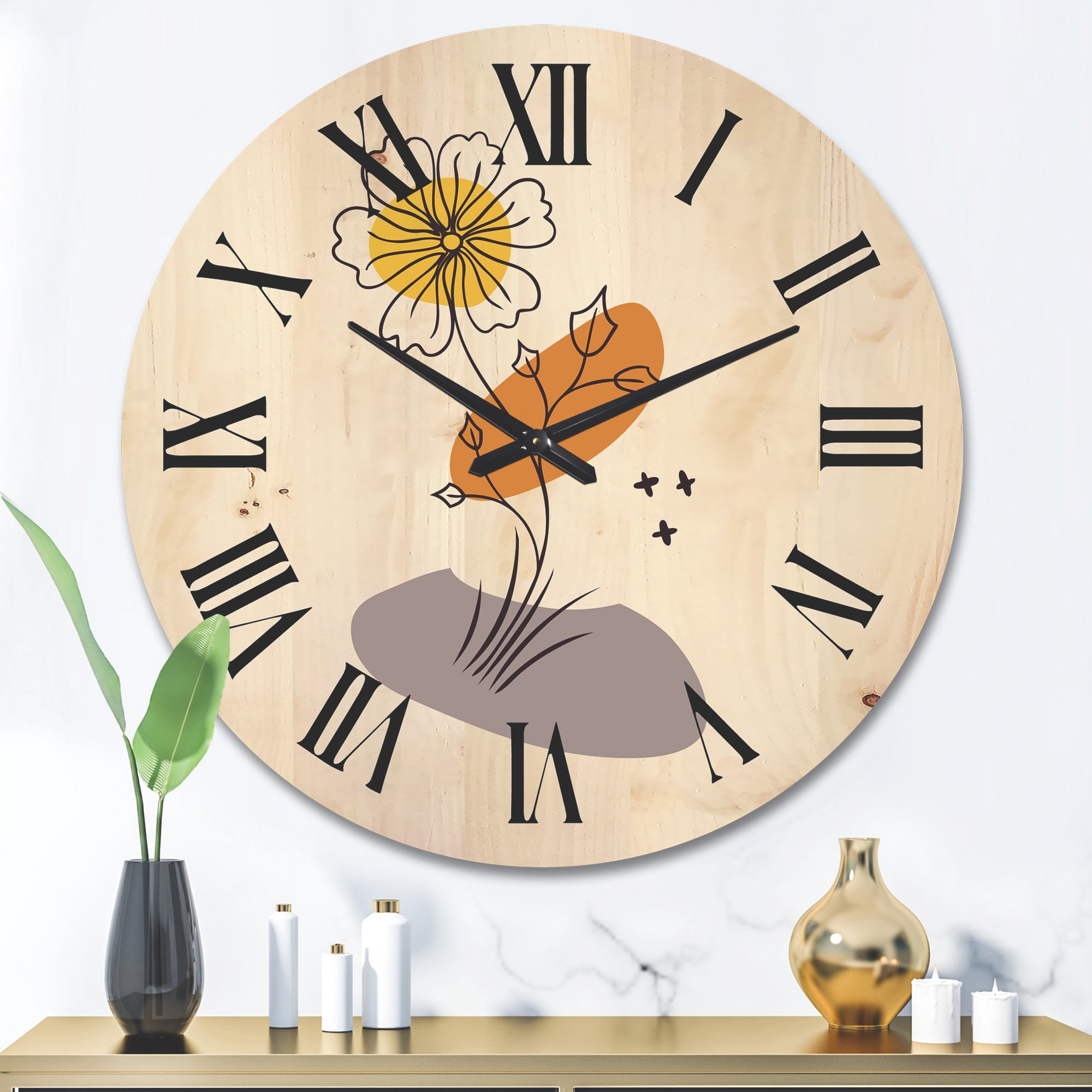 Designart 'Abstract Minimal Shapes Under Flowers I' Modern Wood Wall Clock