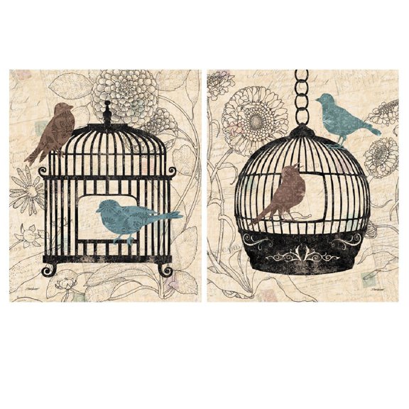 Birds & Blooms; Two Beautiful Classic Botanical Birdcage Prints (11x14)