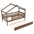 thumbnail image 6 of Harper & Bright Designs Twin Size Wooden House Bed with Trundle, Wood Montessori Daybed Frame with Roof and Safety Guardrail for Boys Girls, Walnut, 6 of 12