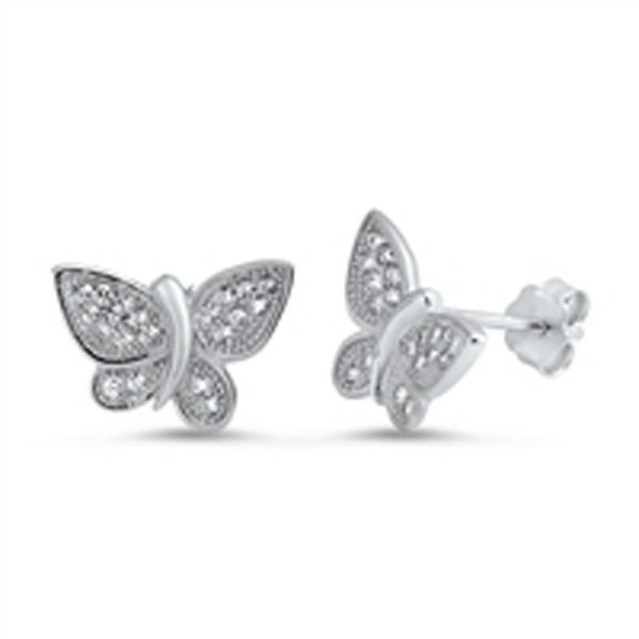 Studded Wing Tiny Butterfly Clear Cubic Zirconia .925 Sterling Silver Earrings Jewelry Female Unisex