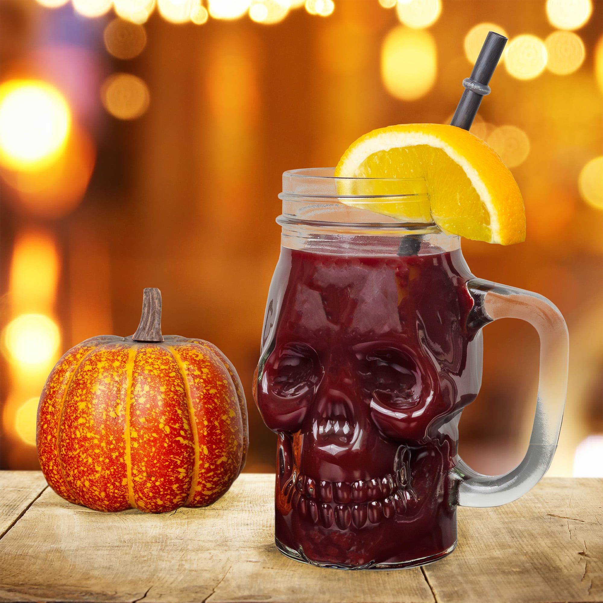 Way To Celebrate Glass Skull Sipper with Lid and Straw, Orange, 18 oz 