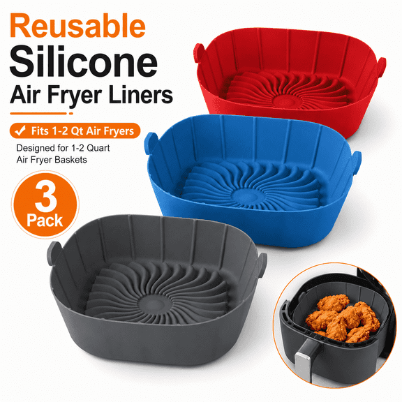 Food‑Grade BPA‑Free Reusable Air Fryer Silicone Liners, 3 Pack Square Small Non‑Stick Liners for 1‑2.6 Qt, 430°F Heat Resistant, Dishwasher‑Safe