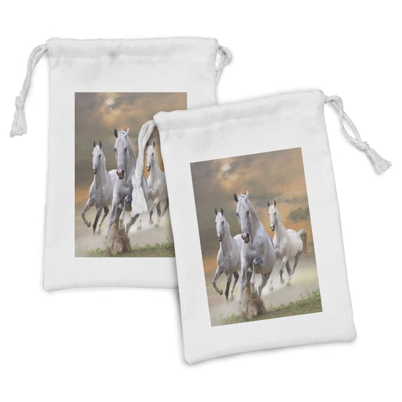 Horses Fabric Pouch Set of 2, Stallion Horses Running on a Sky Background Male Champions Print, Small Drawstring Bag for Toiletries Masks and Favors, 9" x 6", White Orange, by Ambesonne
