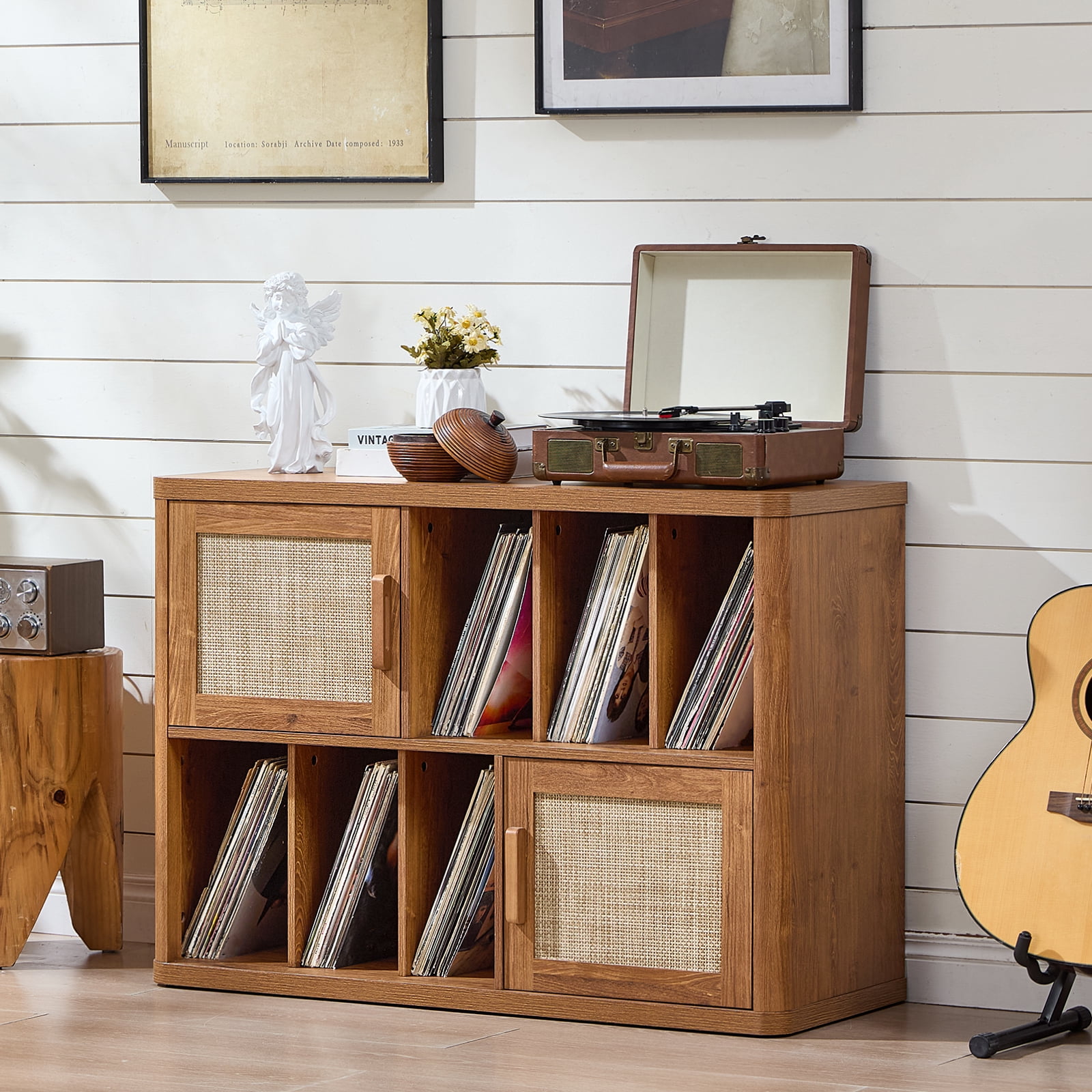Rattan Boho Large Record Player Stand, Modern Stereo Turntable Table with Record Storage, Vinyl Record Storage Cabinet, Tea Brown