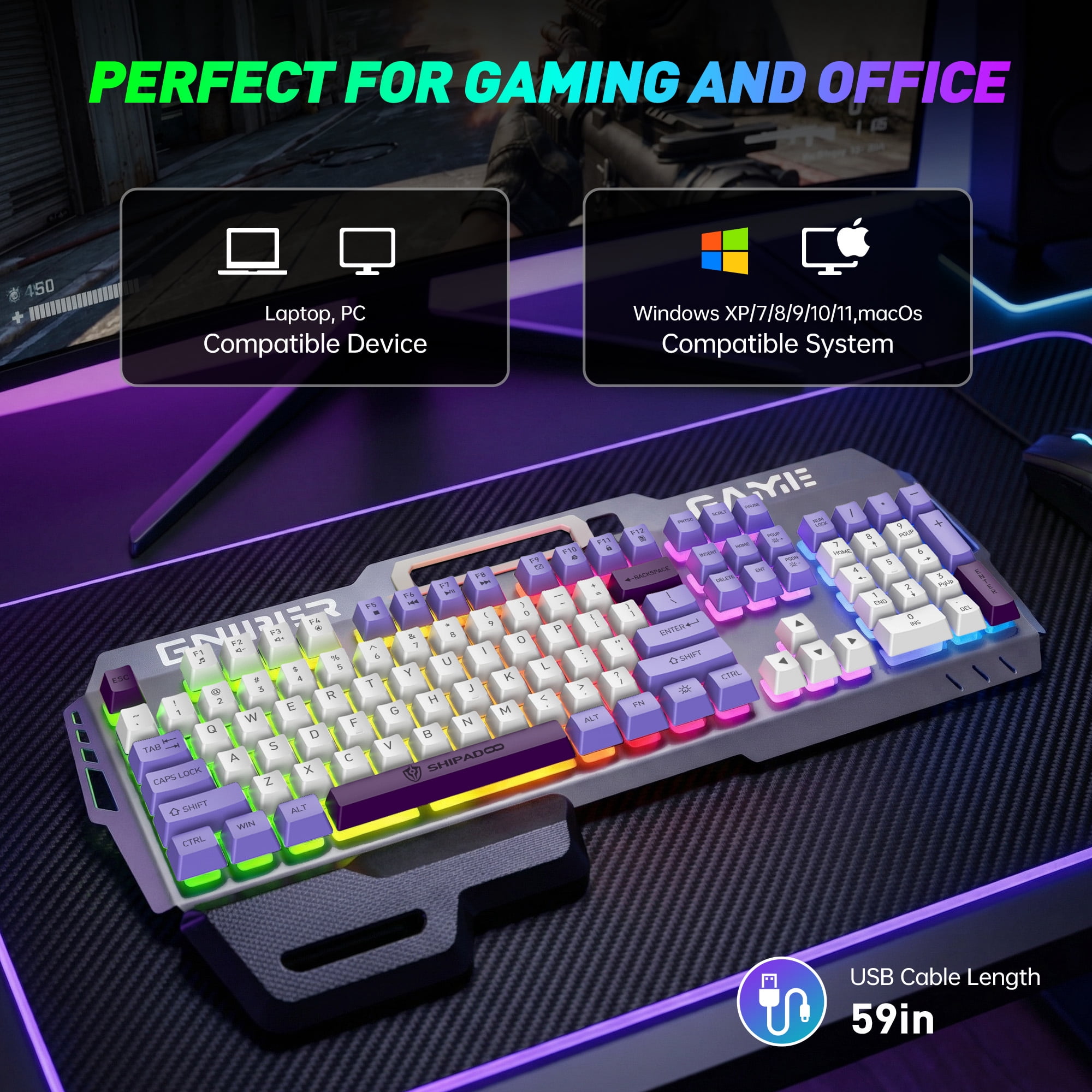 104 Keys RGB Light up Gaming Keyboard, All-Metal Panel & IPX3 Waterproof with Detachable Wrist Rest - USB Wired Computer Keyboard for Windows PC Gamer, Purple & White