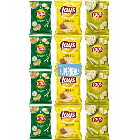 Lay's Potato Chips Ultimate Variety | 4 Sour Cream and Onion | 4 Classic | 4 Dill Pickle | Value Pack Bundled by SUPERDEALS | 1.5 Oz Bag | Pack of 12 with Mystery Gift