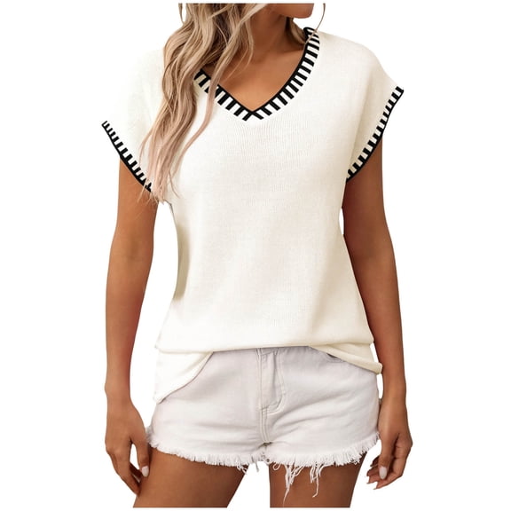 Posijego Women's Short Sleeve Sweaters Knit Tops V Neck Summer Knit Pullover Casual Slim Blouses Sweaters for Women