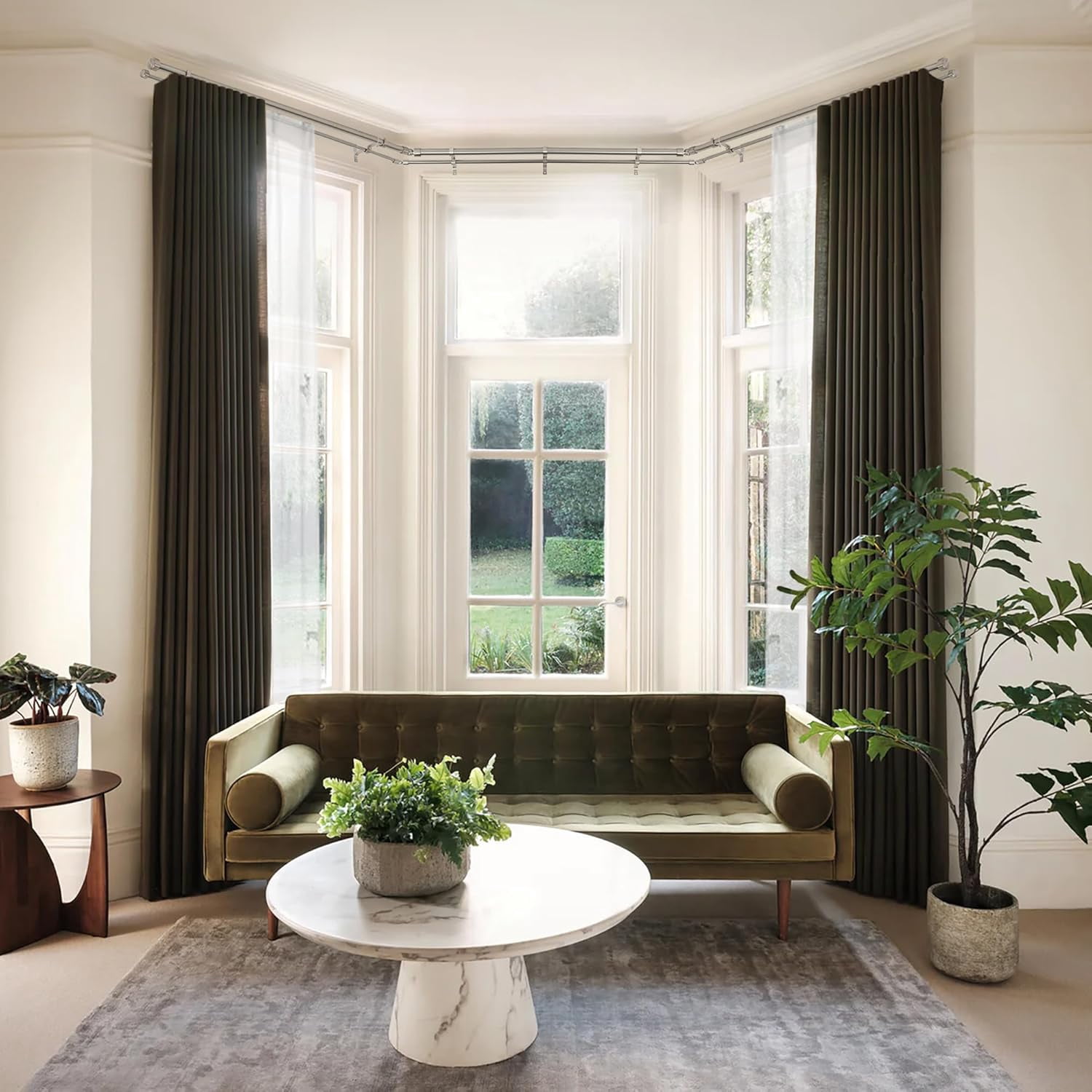 Brushed Nickel Double Corner Window Curtain Rods with Aluminum End Cap Finials and Brackets,1 Inch Diameter Dual Bay Window Curtain Rods, Adjustable 2 Sided 20-36" and 36-72" Center Rod