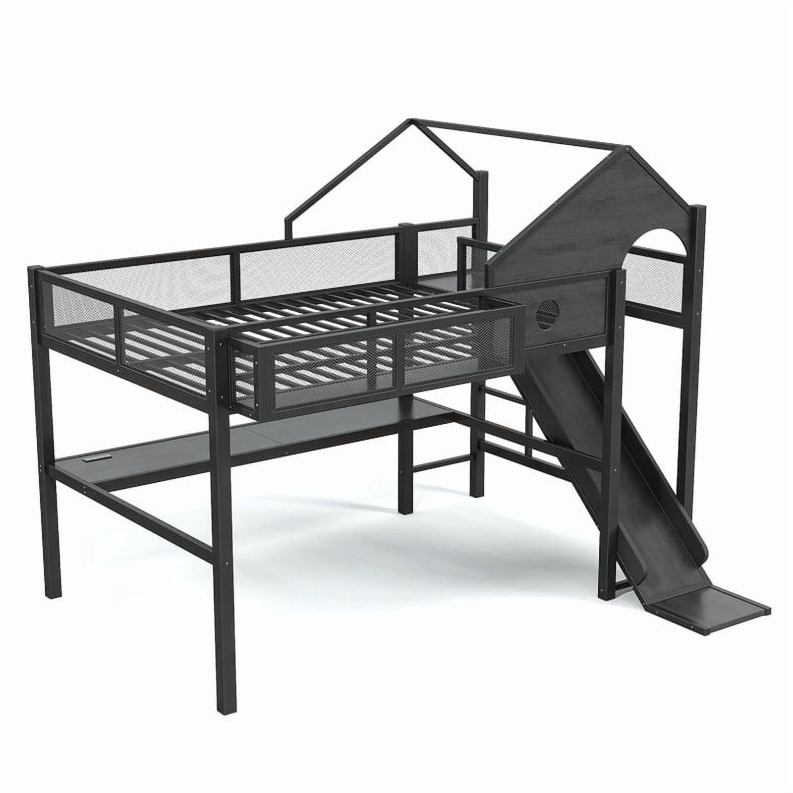 Full Size House Shaped Kids Loft Bed with Slide, Teens Metal Bed Frame with LED Lights, Desk, Power Outlet & Storage Shelf
