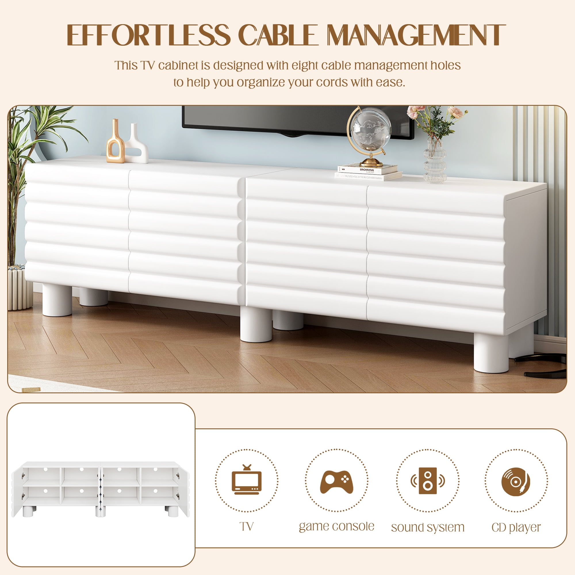 Miniyam Stylish Thick Wavy Door TV Cabinet with Adjustable Shelves & 4 Cabinets for TVs Up to 75", Solid Media Console with Cylindrical Legs and Cable Holes for Living Room, White