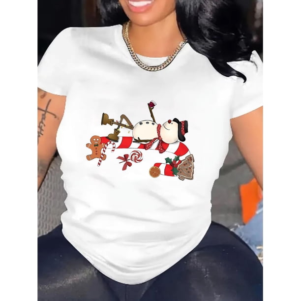 Women's Festive Christmas Snowman Graphic Tee - Casual & Sporty Round Neck Short Sleeve, Comfortable Polyester Blend Summer Top with Holiday Print, Casual Summer Top|Trendy Women's Tee|Stretchy Polye