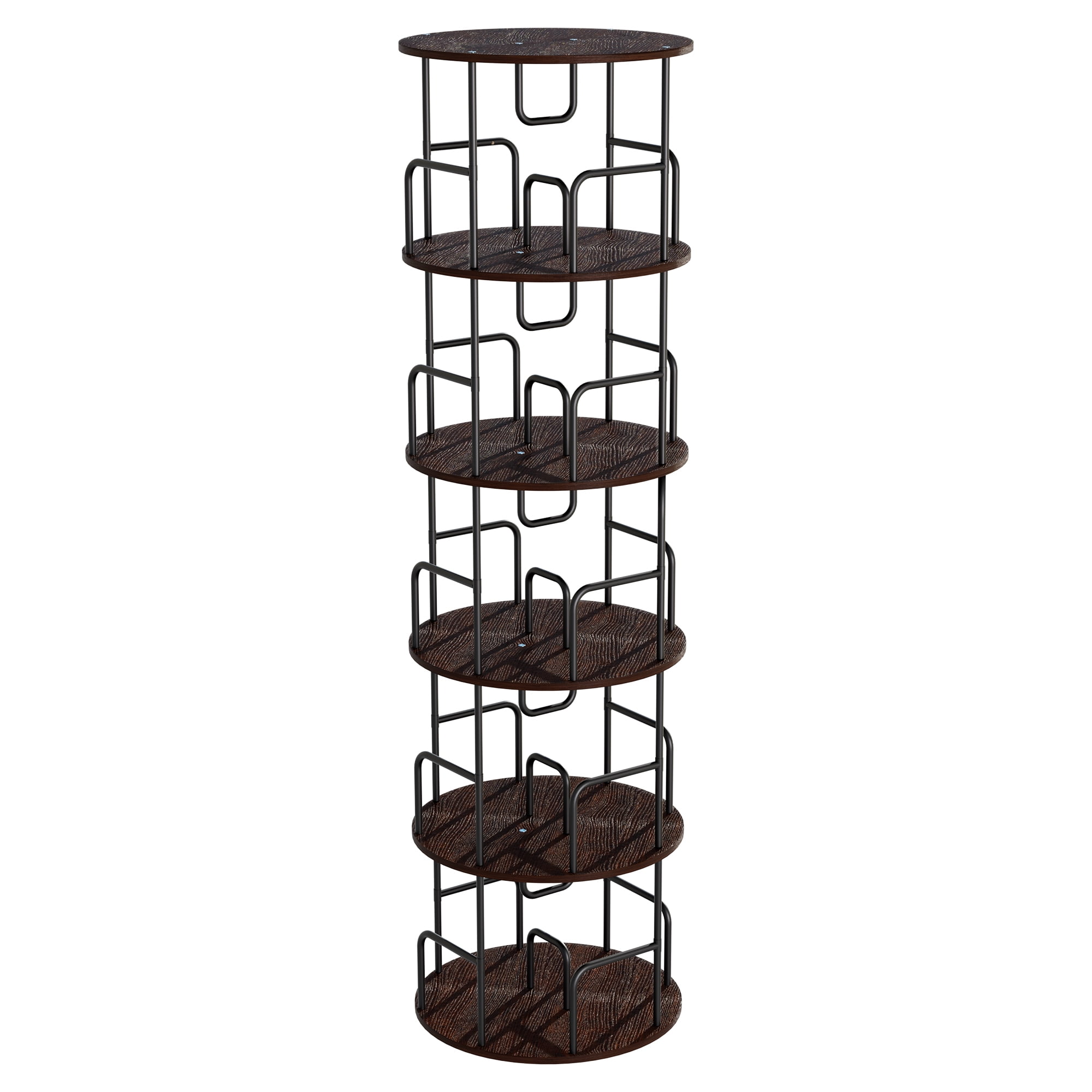 Leumius 5 Tier Rotating Bookshelf, Revolving 360 Book Shelf Narrow Tall Bookcase, Vertical Turning Round Storage Bookshelf for Bedroom, Living Room Walnut