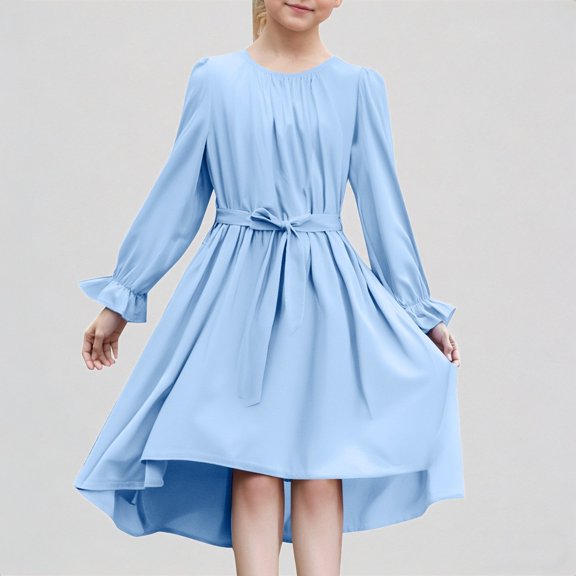 REDARER Girls' Long Sleeve Dress with Tie Belt & Hi-Low Hem Stylish Flowy Semi-Formal Party Dress,10-11 Years