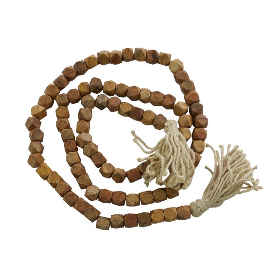DecMode Dark Brown Wood Bohemian Garland Décor with Geometric Bead Details and Cream Cotton Tassel, 82"L