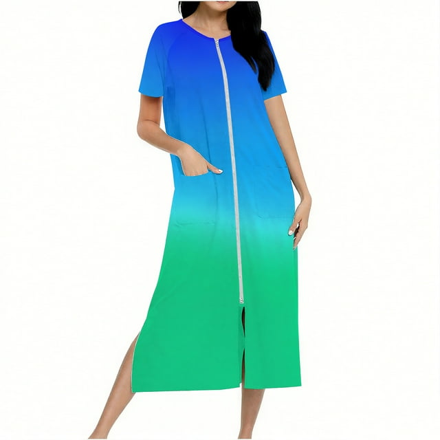 Robes for Women Zip Up Long Housecoat Knit Bathrobes Full Length Pockets