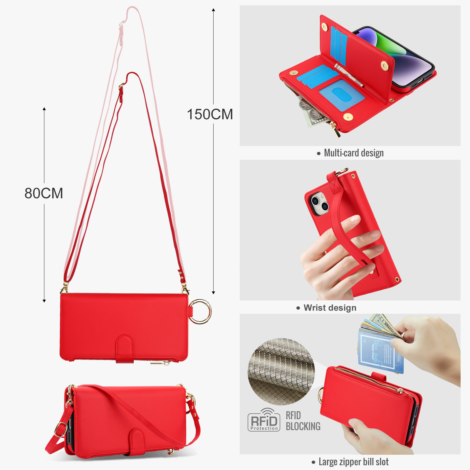 ELEHOLD For iPhone 13 Phone Case Leather Crossbody Zipper Card Wallet Flip Case Kickstand Cover, with Ring Holder,Full Body Protection-Red