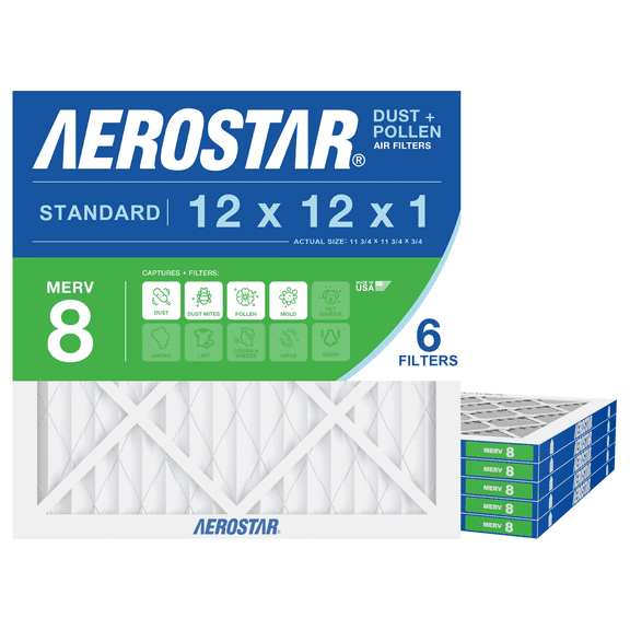 Aerostar 12x12x1 MERV 8 Air Filter, Pleated AC Furnace HVAC, Dust Pollen Pet Dander, 6 Pack