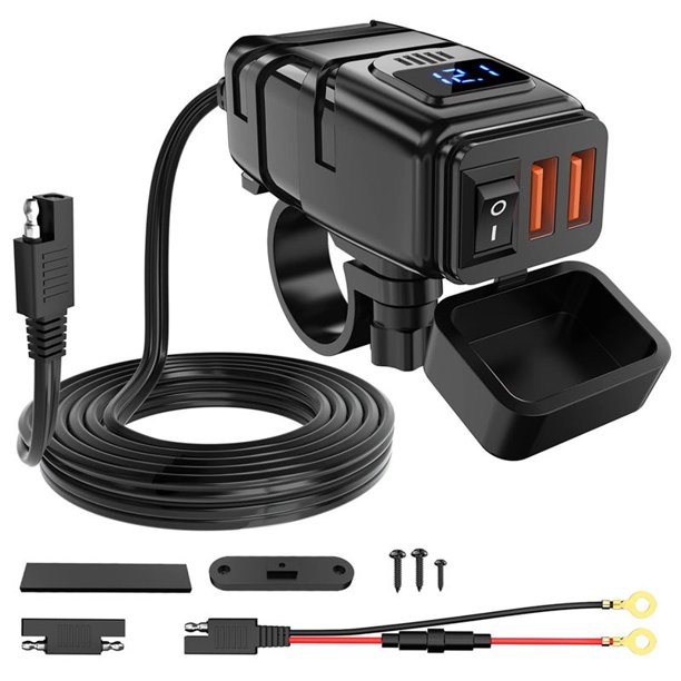 Cargador USB para Motocicleta, 6.8A Quick Charge 3.0 Dual de TeléFono Motocicleta con VoltíMetro e Interruptor Encendido/Apagado