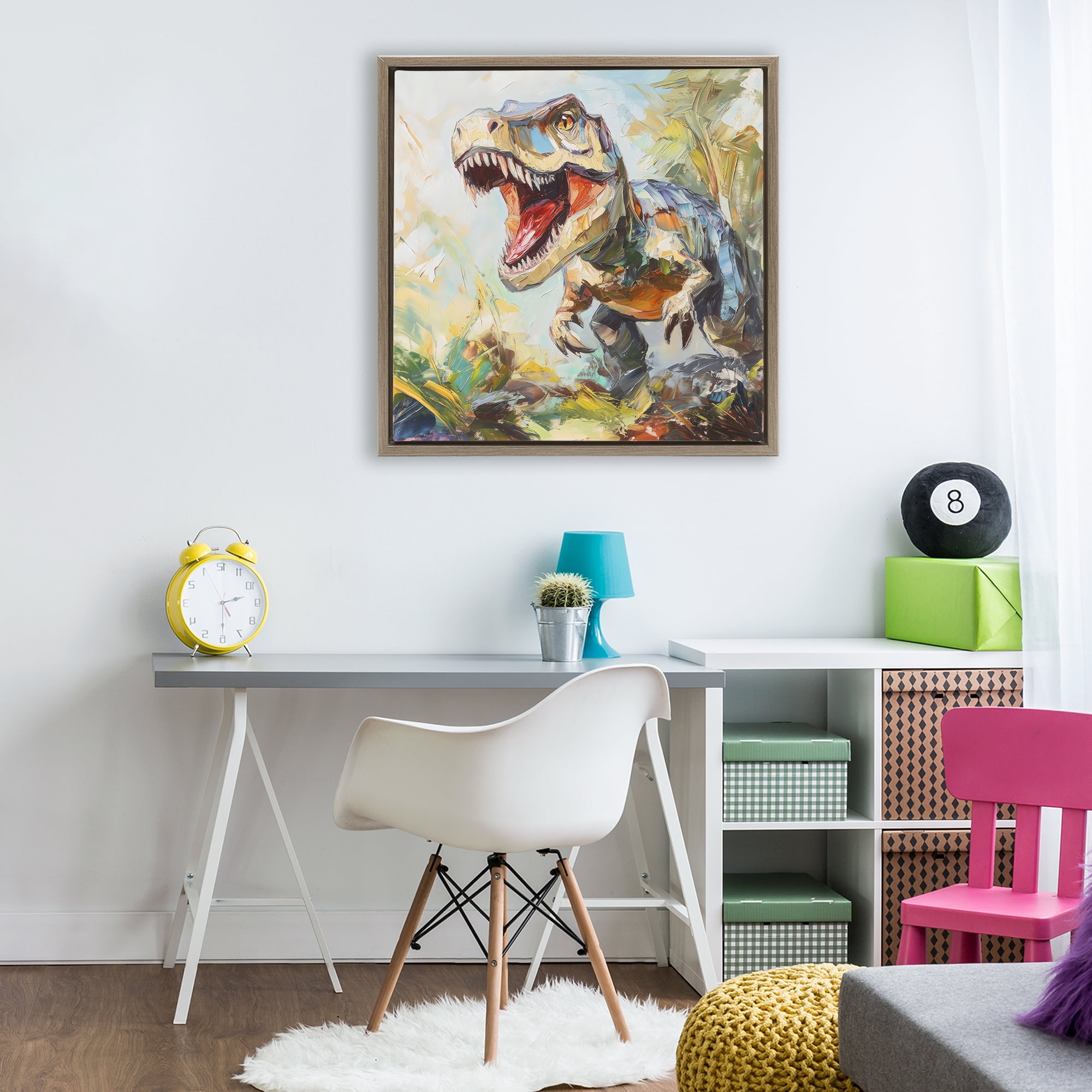 Stupell Industries Enchanting T-Rex Roar Brown Framed Floater Canvas Wall Art, design by Creative Studio