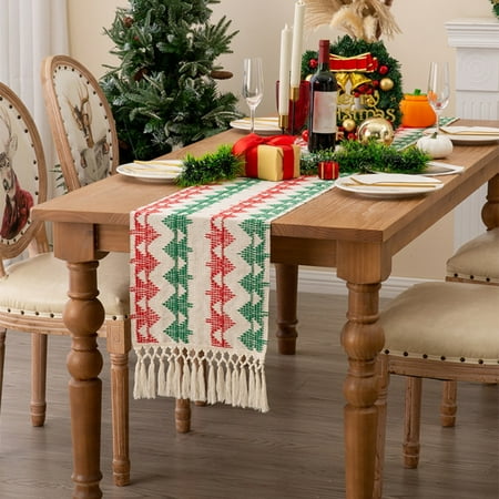 

Black and Friday Deals 2023 RKSTN Christmas Table Runner Rustic Christmas Tree Pattern Cotton Knotted Tassel Color Woven Christmas Tree Long Tablecloth Christmas Decorations 86.6 Inches