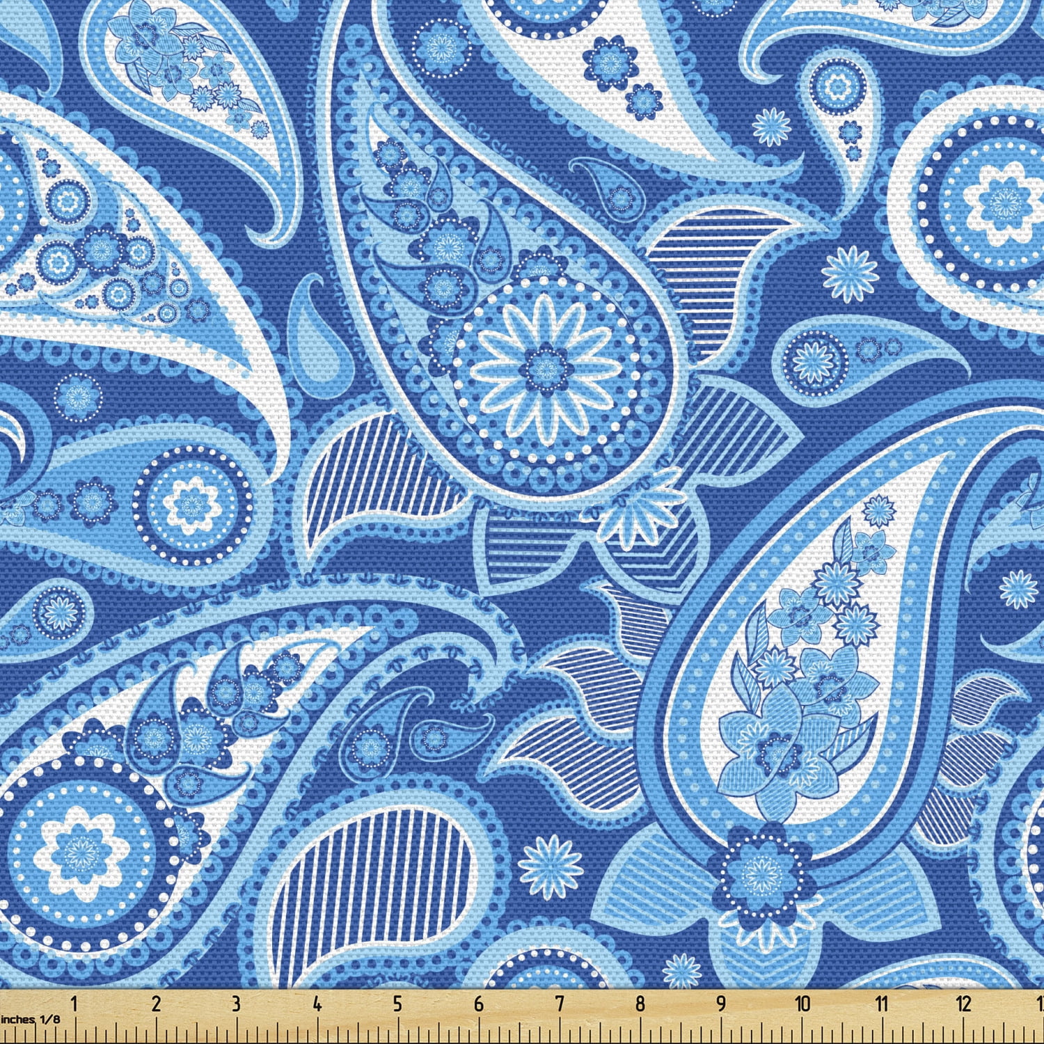 Blue Paisley Fabric by the Yard, Stripes Ovals Ethnic Ornaments Buta ...