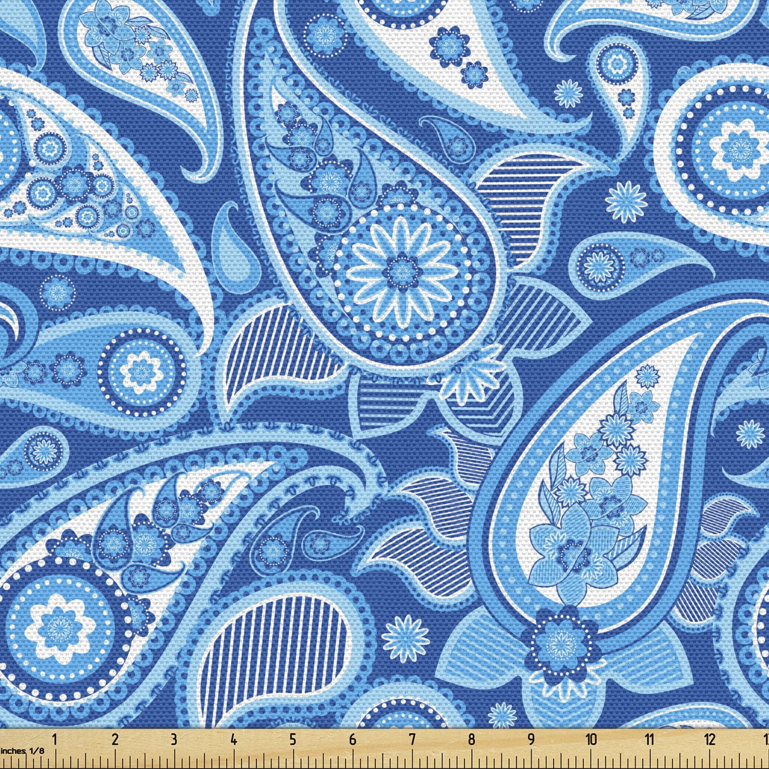 Blue Paisley Fabric by the Yard, Stripes Ovals Ethnic Ornaments Buta