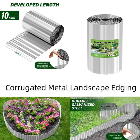 10 Inch 10 FT Garden Landscape Edging Border Galvanized Sturdy Metal Hemmed DIY Edging for Landscaping Lawn Flower Beds Patio Pathway Divider Design, Silver