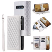 Dteck Zipper Wallet Case for Samsung Galaxy S10, Argyle Pattern Leather Case with Handstrap Crossbody Shoulder Strap Kickstand Card Slots Magnetic Shockproof Case For Samsung Galaxy S10,White
