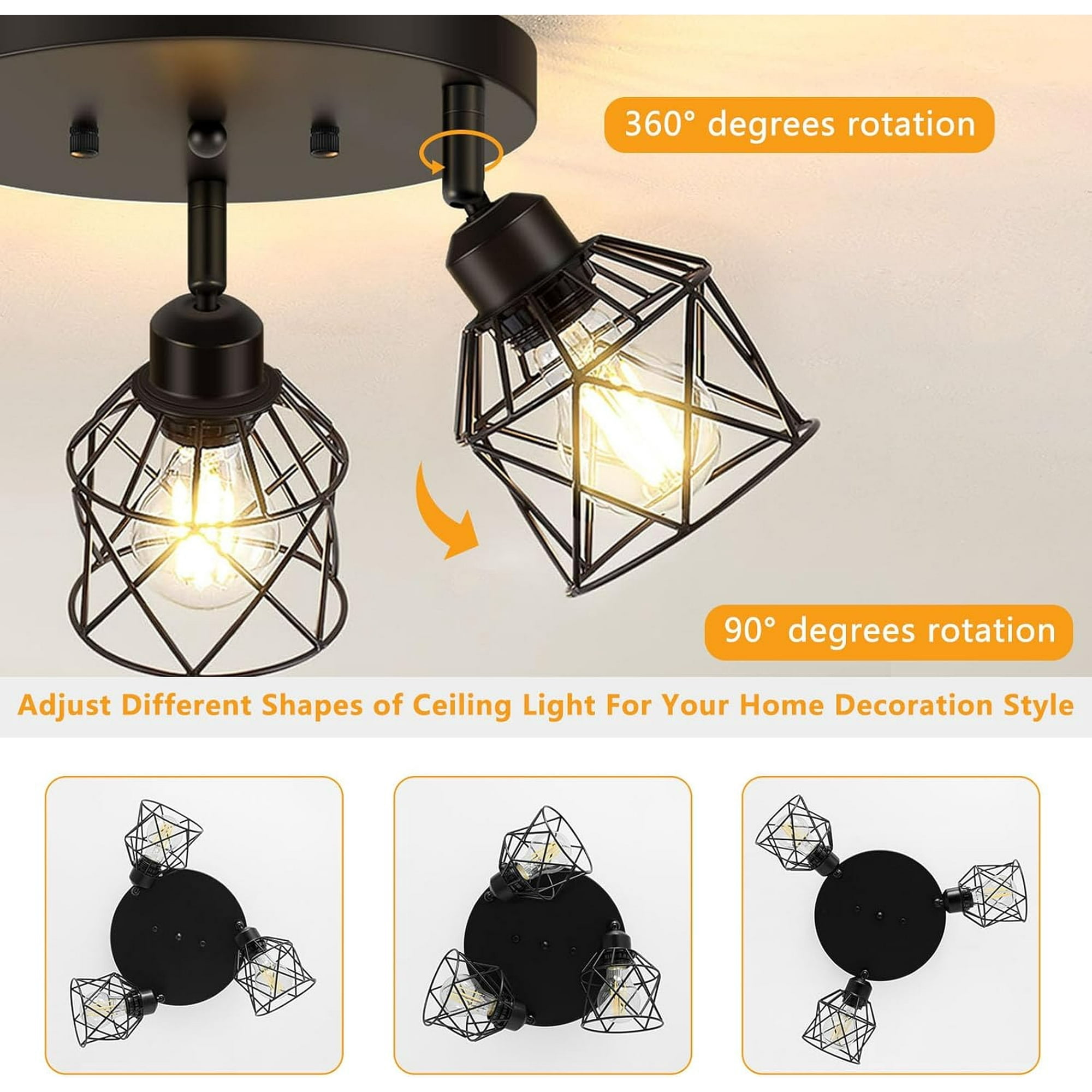 3-Light Kitchen Light Fixtures Ceiling Mount, Adjustable Multi-Directional Ceiling Fixture, Farmhouse Black Metal Cage Flush Mount