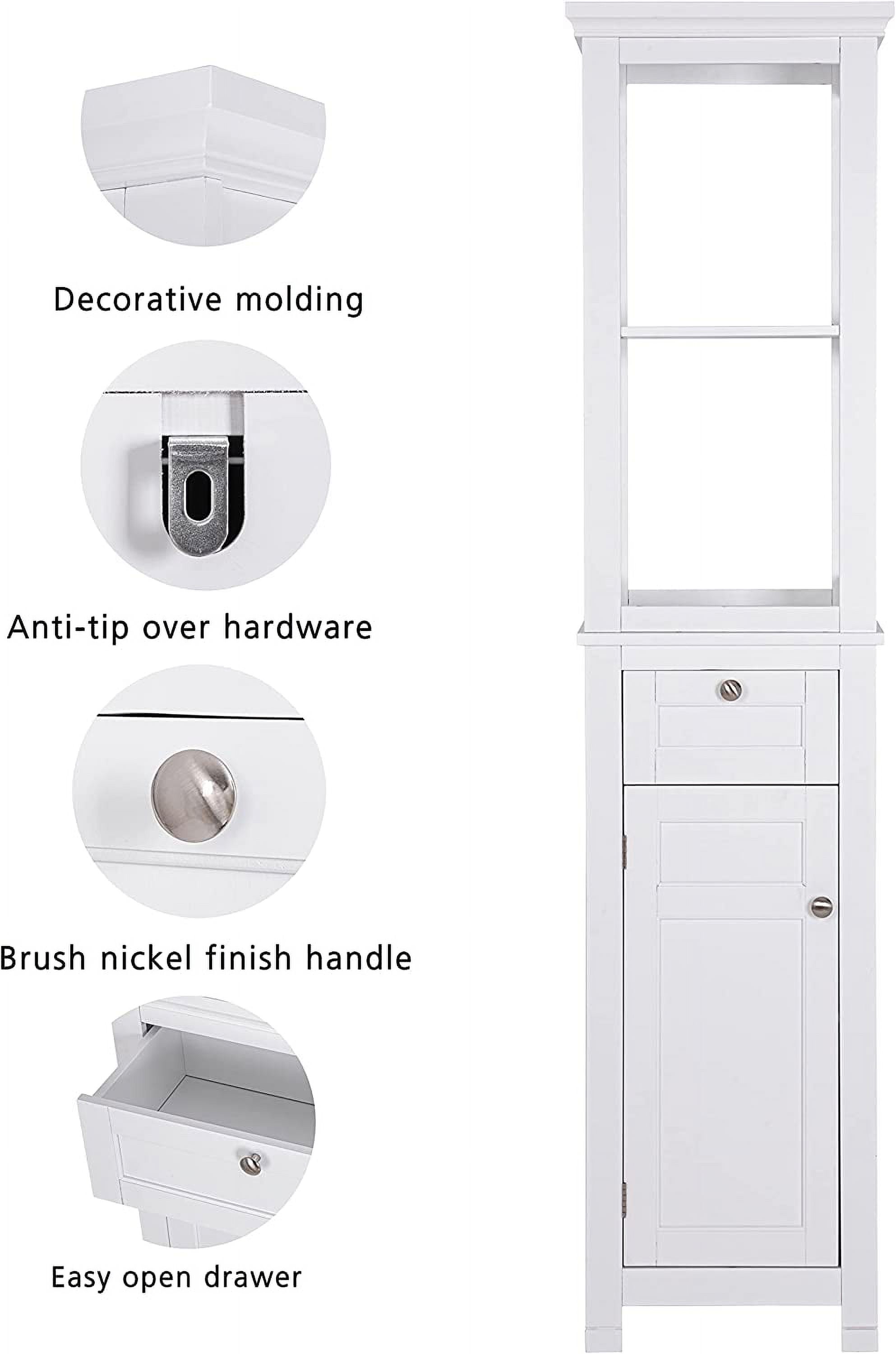 Spirich Bathroom Storage Cabinet with Two-Tier Shelves, Slim Cabinet with Door & Drawer, White Linen Tower