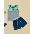 thumbnail image 3 of 2 Pcs Newborn Casual Outfits, Baby Boys Contrast Color Round Neck Tank Tops with Pocket + Drawstring Shorts, 3 of 8