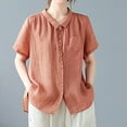 thumbnail image 4 of Timegard Hauts en Coton et Lin pour Femmes Col Montant Manches Courtes Froncées Blouse Boutonnée Décontractée Ample, 4 of 7
