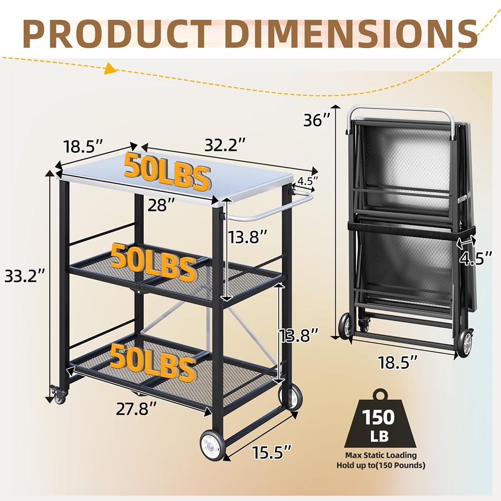 Three-layer foldable stainless steel cart with wheels, portable kitchen island suitable for apartment, studio, and backyard cooking, black