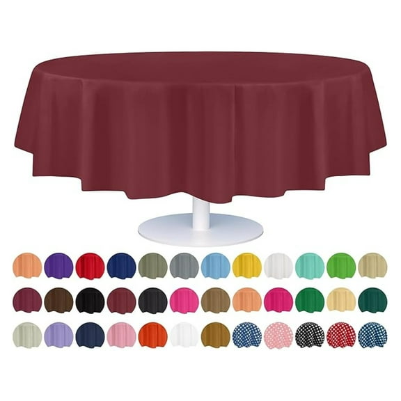 Disposable Tablecloths 84 Inch Round - 12 Pack Burgundy Plastic Table Covers