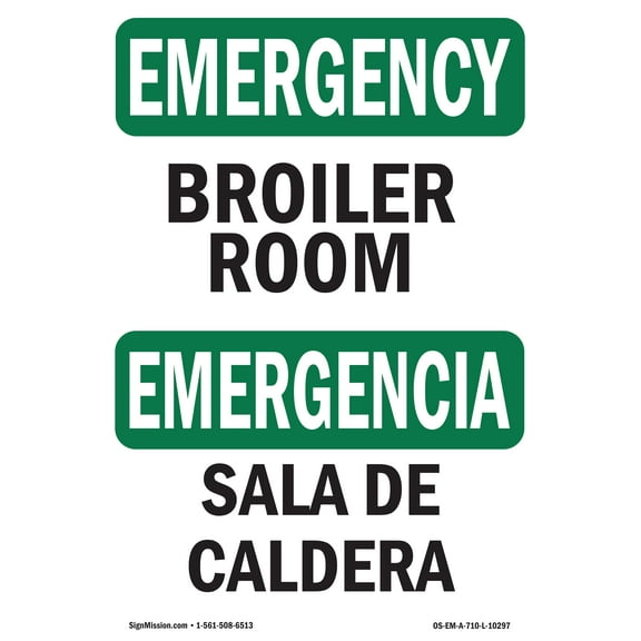 OSHA EMERGENCY Sign - Boiler Room Bilingual | Plastic Sign | Protect Your Business, Construction Site, Warehouse & Shop Area | Made in the USA