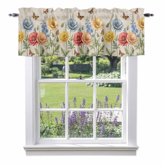 Kitchen Cafe Valance Curtain for Small Windows,Watercolor Red Blue Pink Flowers Rod Pocket Short Valances,42x12in