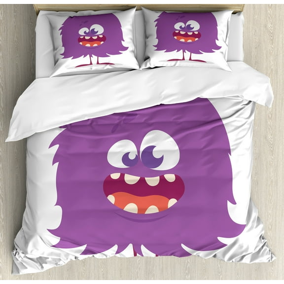 Alien Duvet Cover Set, Monster Making a Silly Face Troll Smiling Print, Decorative 3 Piece Bedding Set with 2 Pillow Shams, Queen Size, White Purple, by Ambesonne