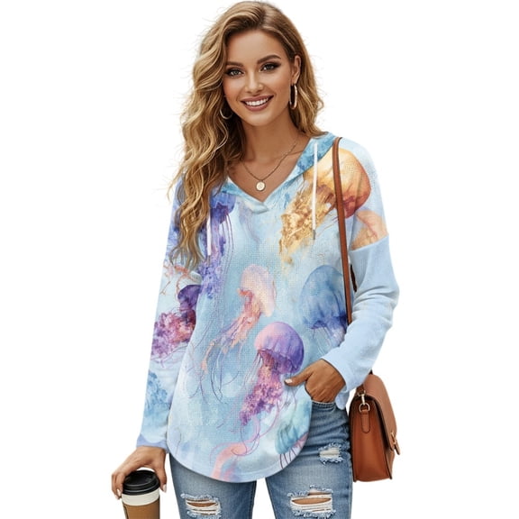 DISNIMO Jellyfish Printed Sweatshirts for Women Long Sleeve Hoodies V Neck Pullover Tops Waffle Hooded Sweatshirt for Women, S