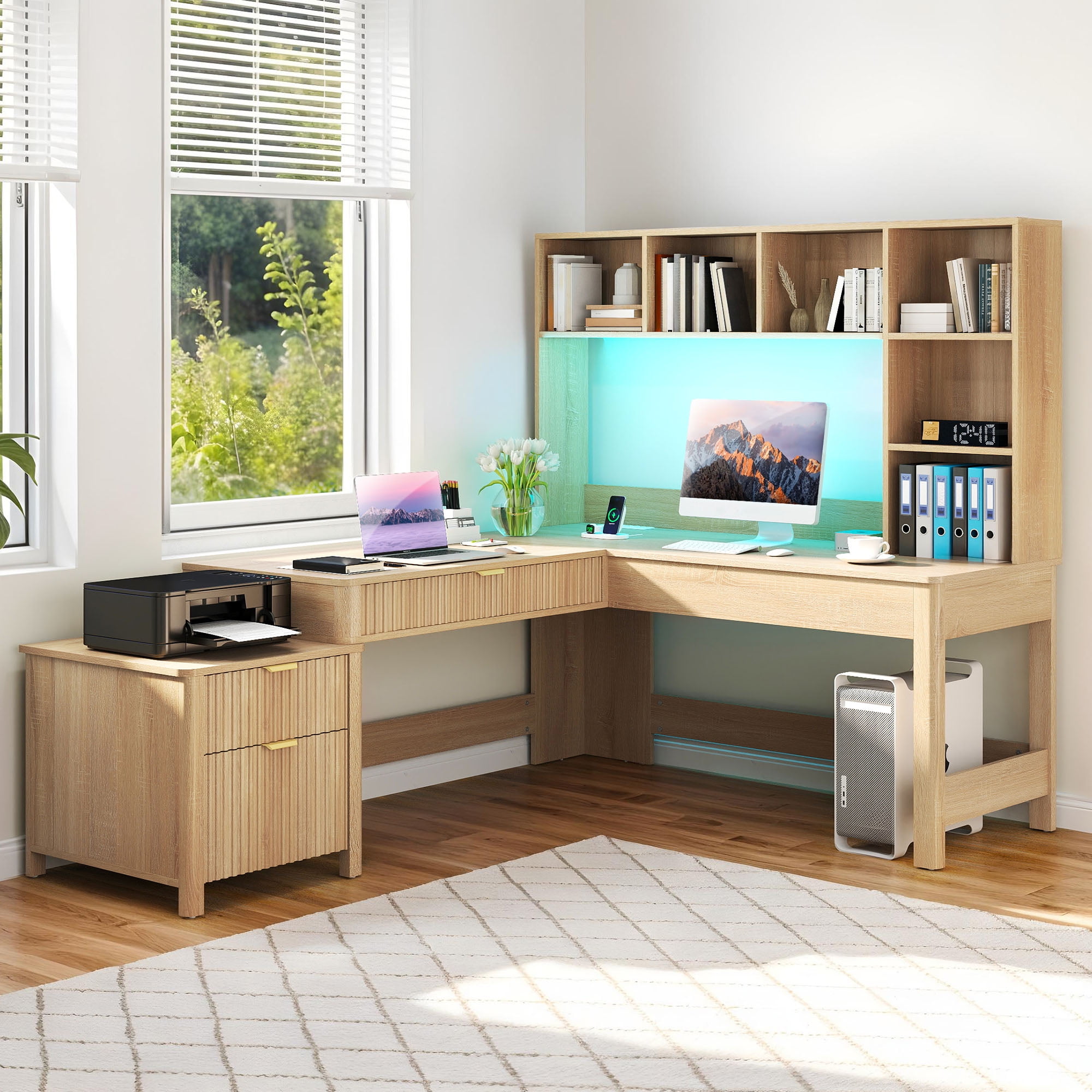 Craftian L Shape Desk with LED Light & Hutch,  Home Office Computer  Desk Executive Desk with Drawers