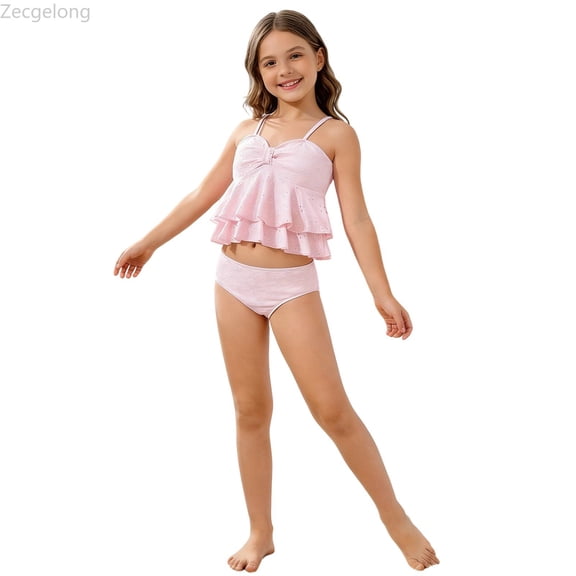 Zecgelong Girls Two Piece Swimsuit With Ruffle Trim Floral Print Tankini And High Waist Bikini Bottom For Teen Youth Pink Size 9-10 Years