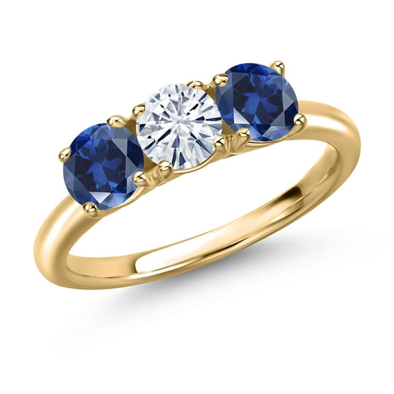 Gem Stone King 10K Yellow Gold White Moissanite and Blue Created Sapphire Engagement Ring for Women | 1.70 Cttw | Round 5MM | Gemstone Birthstone | Size 7