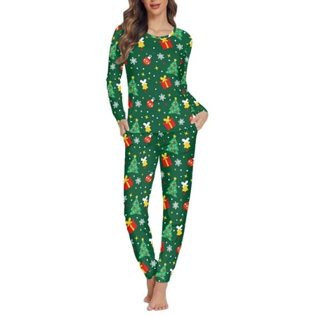 

NETILGEN Christmas Gift Tree & Bell Print Sleepwear for Women Nightgown 2 Pack O-Neck Women Pj Sets Long Pants Comfort Lounge Set Pajama Sets for Women Soft