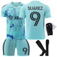 thumbnail image 1 of SEAYI 2324 Inter Miami Soccer Jerseys 4 Piece Sets, Number 9 SUÁREZ Printed Short Sleeve Shirts Soccer Training Uniform with Socks and Kneepads, Inter Miami CF Away Game Soccer Suits for Kids, 9/22, 1 of 6