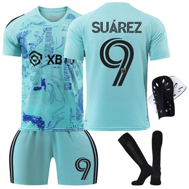 SEAYI 2324 Inter Miami Soccer Jerseys 4 Piece Sets, Number 9 SUÁREZ Printed Short Sleeve Shirts Soccer Training Uniform with Socks and Kneepads, Inter Miami CF Away Game Soccer Suits for Kids, 9/22