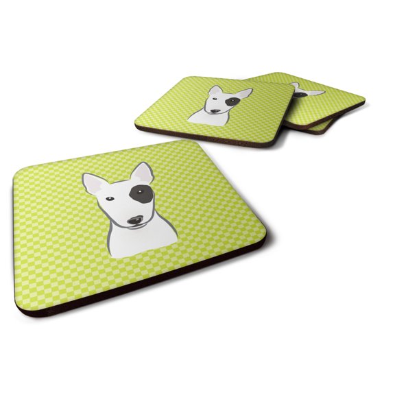 Carolines Treasures BB1271FC Checkerboard Lime Green Bull Terrier Foam Coaster Set of 4 3 1/2 x 3 1/2 multicolor