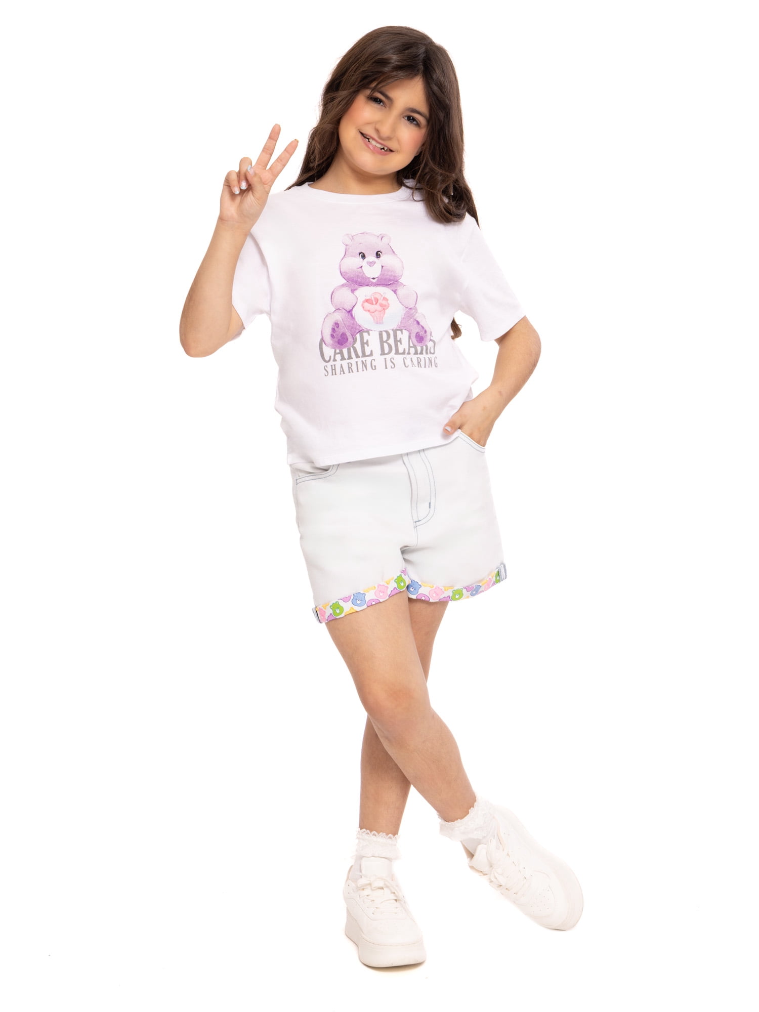 Care Bears Girls Graphic Print Cuff Denim Shorts, Sizes 4-16