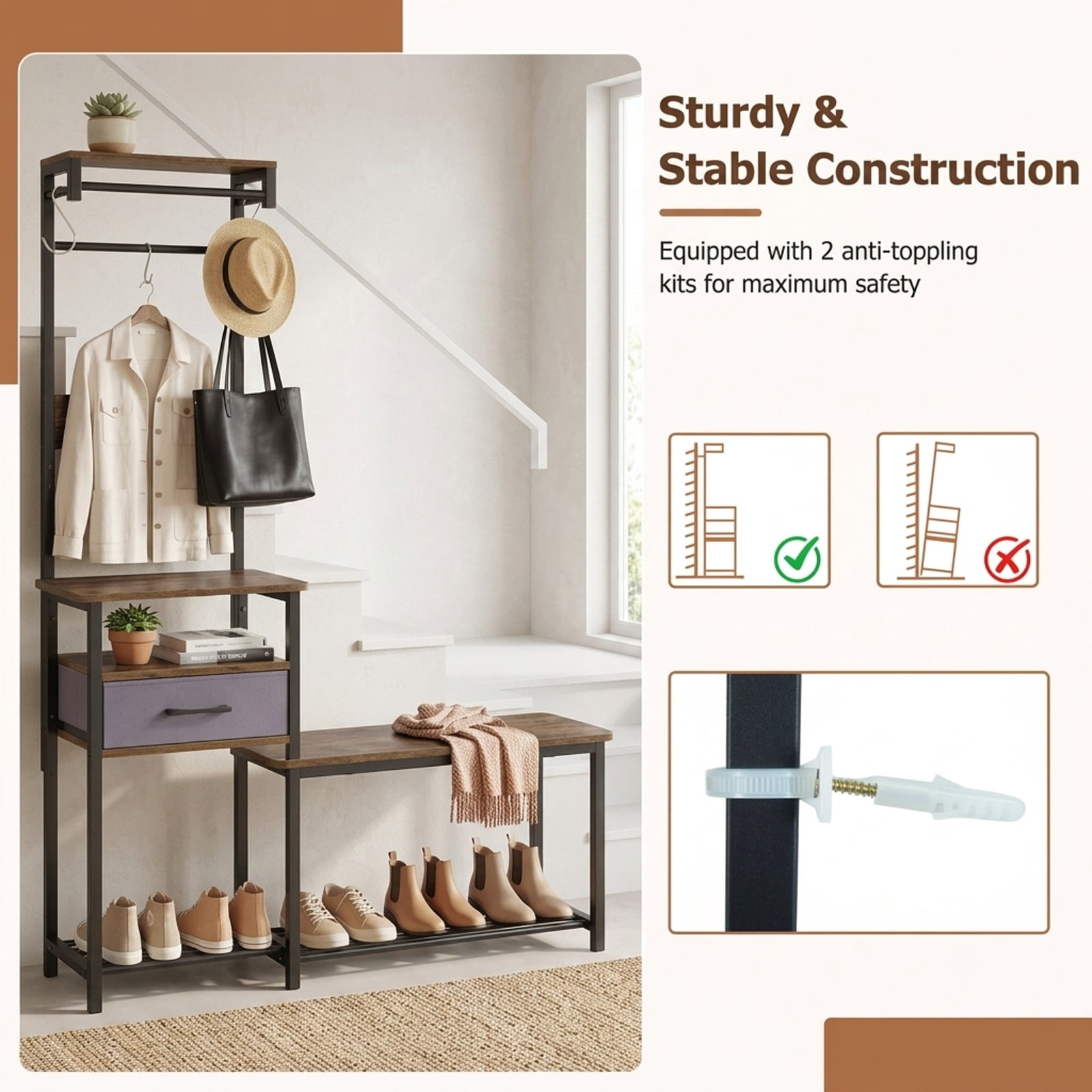 Furnibear 7 in 1 Slim Hall Tree with Shoe Bench and Hooks and Removable Fabric Drawer for Narrow Entryway and Hallway, Rustic Brown