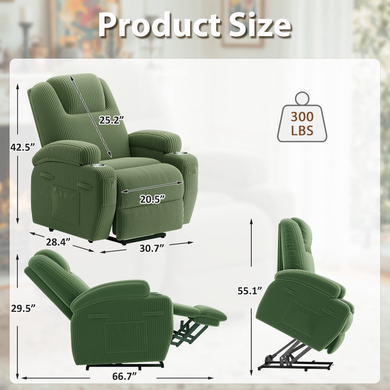Lacoo Power Lift Recliner Chair with Massage Ergonomic Chair for Elderly with Infinite Position Side Pocket, Corduroy Green